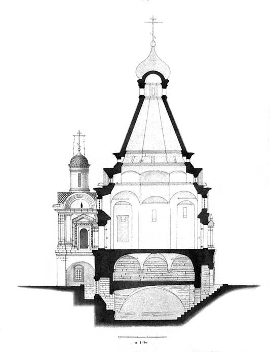 Троицкая церковь. Разрез по линии север-юг. Реконструкция В.В.Кавельмахера.