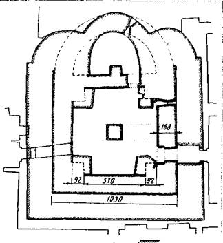План подклета Благовещенского собора (с кладками второй половины XIV в. и 1416 г.). 
По М.Х.Алешковскому и Б.Л.Альтшуллеру
