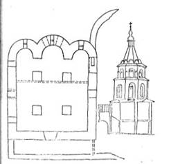 Схематический чертеж плана Введенского собора и фасад колокольни Корнилиево-Комельского монастыря.