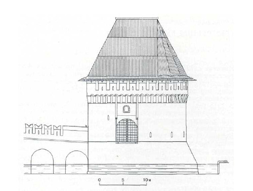 1. Кутафья-башня. Северный фасад. Шатровая кровля по варианту II. Реконструкция