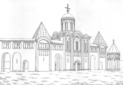 Комплекс зданий вокруг церкви Рождества Богородицы в XII веке. Реконструкция Н.Н.Воронина.