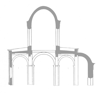 Условная схема сводов, подпружных арок и столпов над центральным нефом четырехстолпного храма.